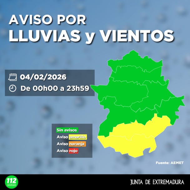 JuntaEx112's tweet photo. 🟡#AlertaAmarilla por #lluvias🌧️ y #vientos🌬️en Tierra de Barros, Serena y sur de la provincia de Badajoz.

🗓️ 04/02/2026
⏰ De 00h00 a 23h59
🌬️ Rachas máximas de viento: 70 km/h.
☔️ Precipitación acumulada en 12 horas: 40 mm.

☎️En caso de #emergencia, llama al 1⃣1⃣2⃣

ℹ️https://t.co/cNprHwdelP

#BorrascaLeonardo
