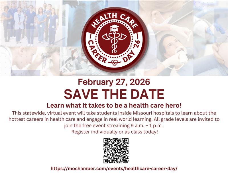 MOEducation's tweet photo. 🔔 REMINDER! | Health Care Career Day is tomorrow, Feb. 27, 2026!

Students of all grade levels are invited to explore the hottest careers in health care during Missouri's statewide, virtual Health Care Career Day! 🎓✨

This event is brought to you by the Missouri Chamber Foundation, Missouri Hospital Association, and the Missouri Department of Elementary and Secondary Education.

🔗Register, download the agenda, and attend virtually Feb. 27 here: https://t.co/M698ctQoy8