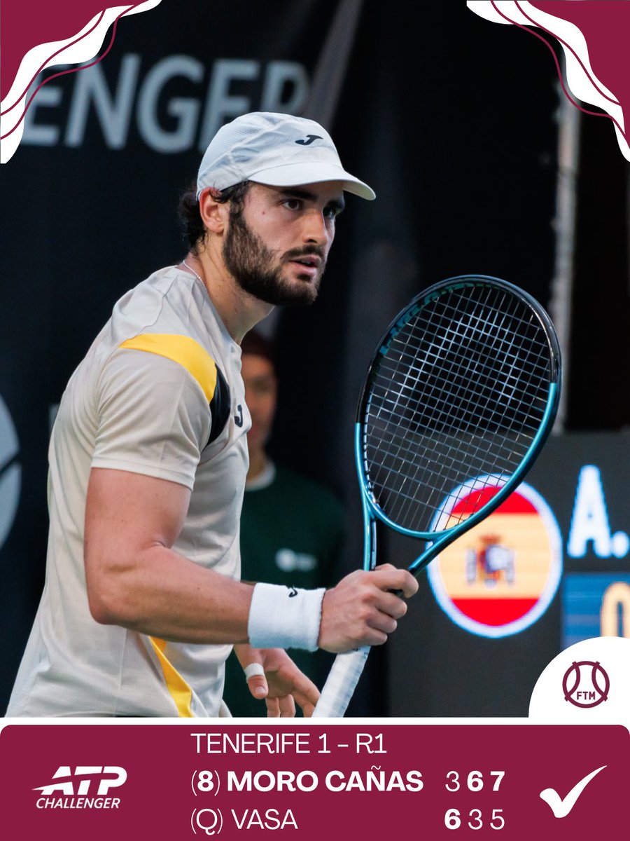 ✅  Y <a href="/alejandromoro00/">Alejandro Moro</a> completa el pleno de victorias madrileñas en el Challenger de Tenerife 1.
💪  Trabajadísima victoria ante 🇫🇮 Iiro Vasa en la primera ronda del torneo canario.