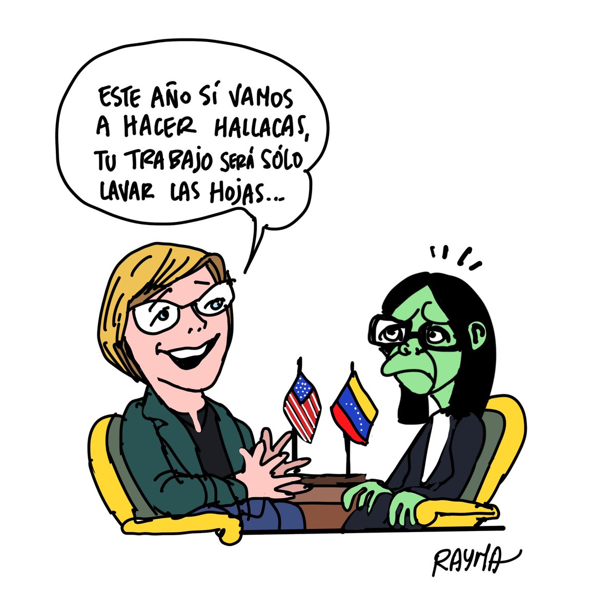 raymacaricatura's tweet image. Las hallacas del 2026 son al estilo gringo y operan en tres fases , con la nueva Chief Laura Dogu, que trae experiencia en la sazon totalitaria de paises como Nicaragua, las tareas culinarias seran ordenadas y con las manos fuera de la masa, Delcy Eloina pasa del departamento…