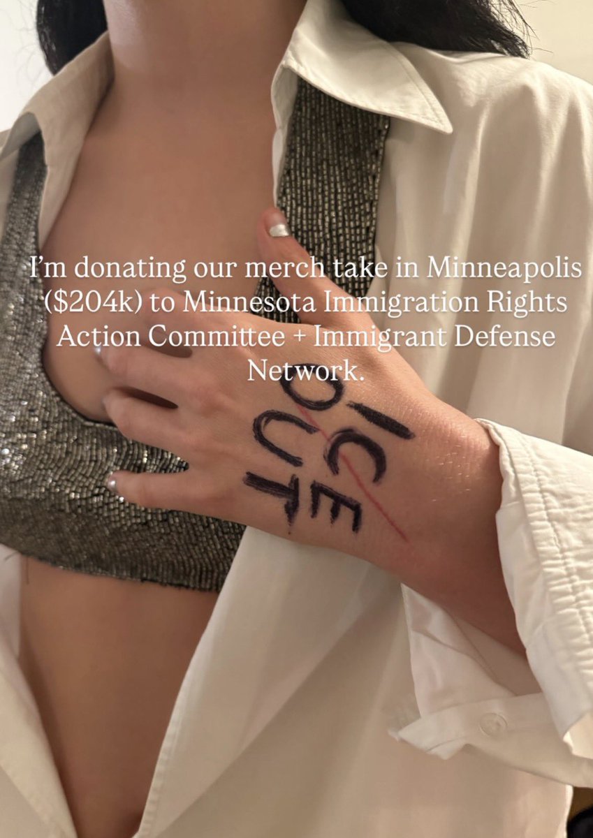 Lorde via Instagram Stories:

“I'm donating our merch take in Minneapolis ($204k) to Minnesota Immigration Rights Action Committee + Immigrant Defense Network”

ICE OUT