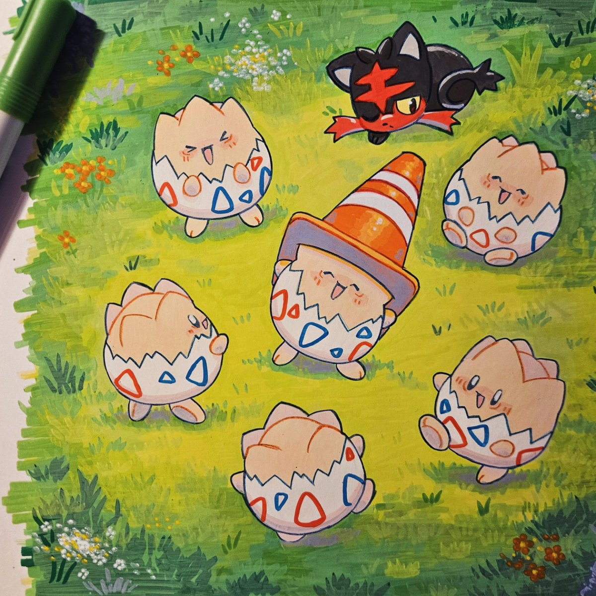Togepi party!
Made with acrylic markers🩷
