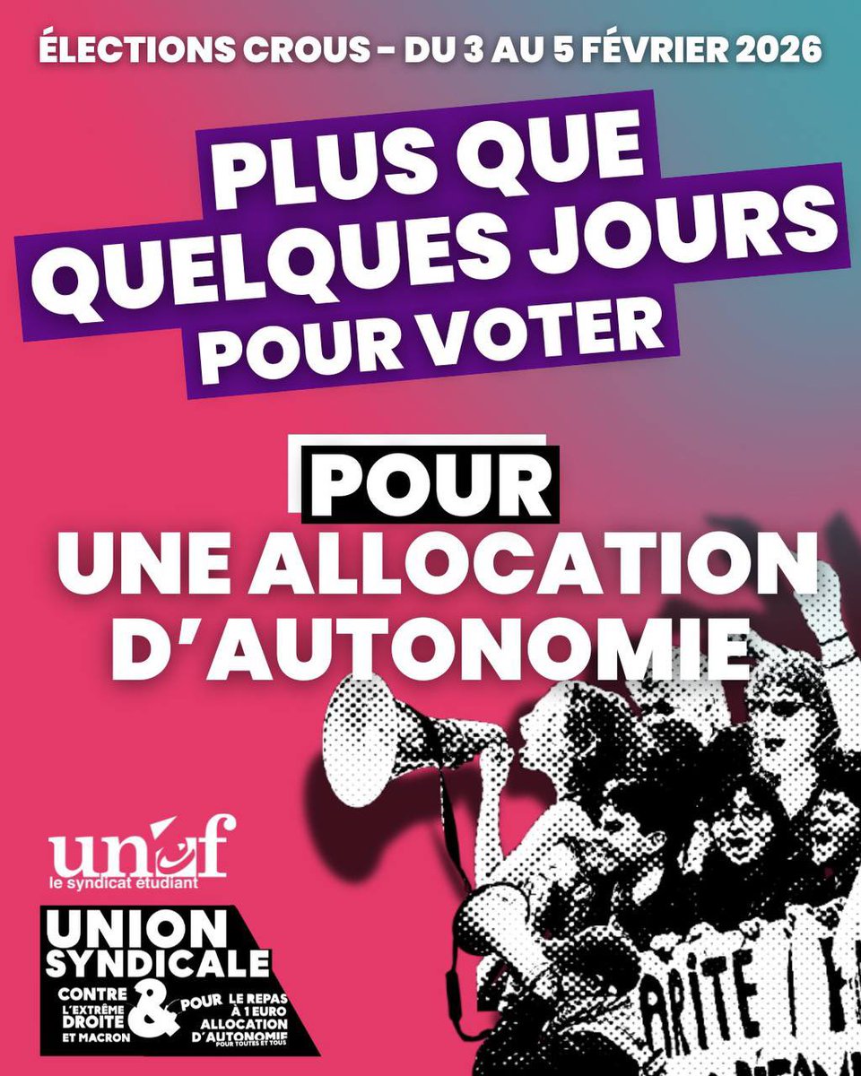 Jusqu’à jeudi 17h, tu peux voter pour des élu•e•s étudiant•e•s syndicaux qui se battent au quotidien pour obtenir une Allocation d’autonomie pour tou•te•s. 
Vote Union syndicale.
