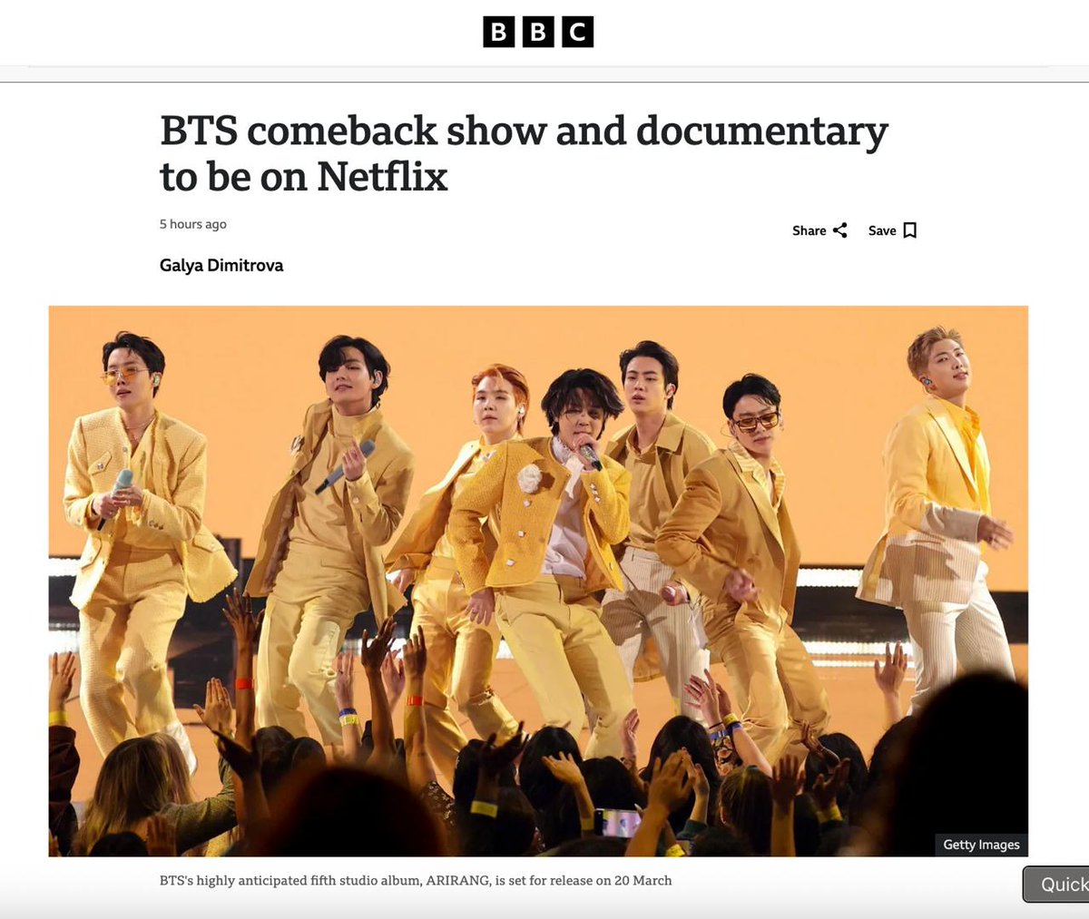 — El reconocido medio de información británico BBC News ha publicado un artículo sobre #BTS: "La presentación del regreso de BTS y el documental en Netflix".

Mientras millones de fanáticos en todo el mundo, conocidos colectivamente como ARMY, esperan su regreso, +