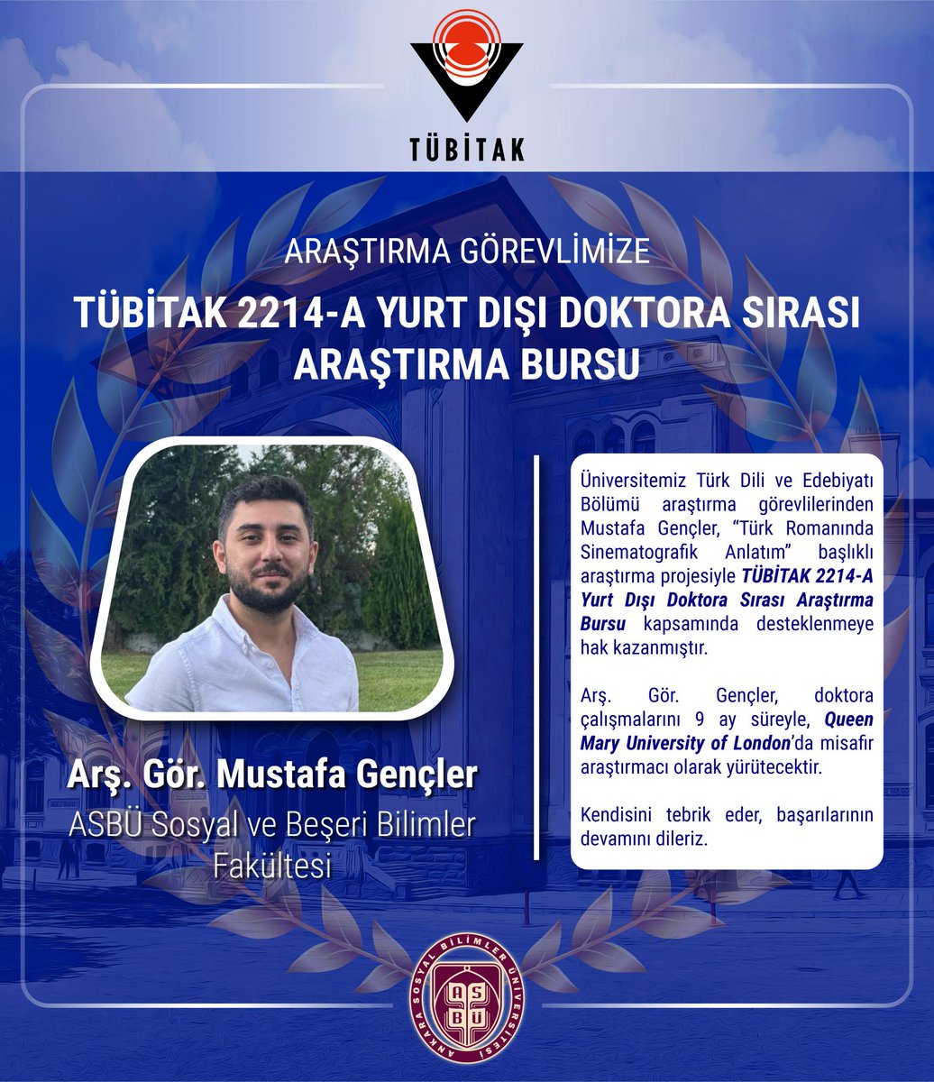 Bölümümüz araştırma görevlilerinden Mustafa Gençler, “Türk Romanında Sinematografik Anlatım” başlıklı araştırma projesiyle TÜBİTAK 2214-A Yurt Dışı Doktora Sırası Araştırma Bursu kapsamında desteklenmeye hak kazanmıştır. Kendisini tebrik eder, başarılarının devamını dileriz.