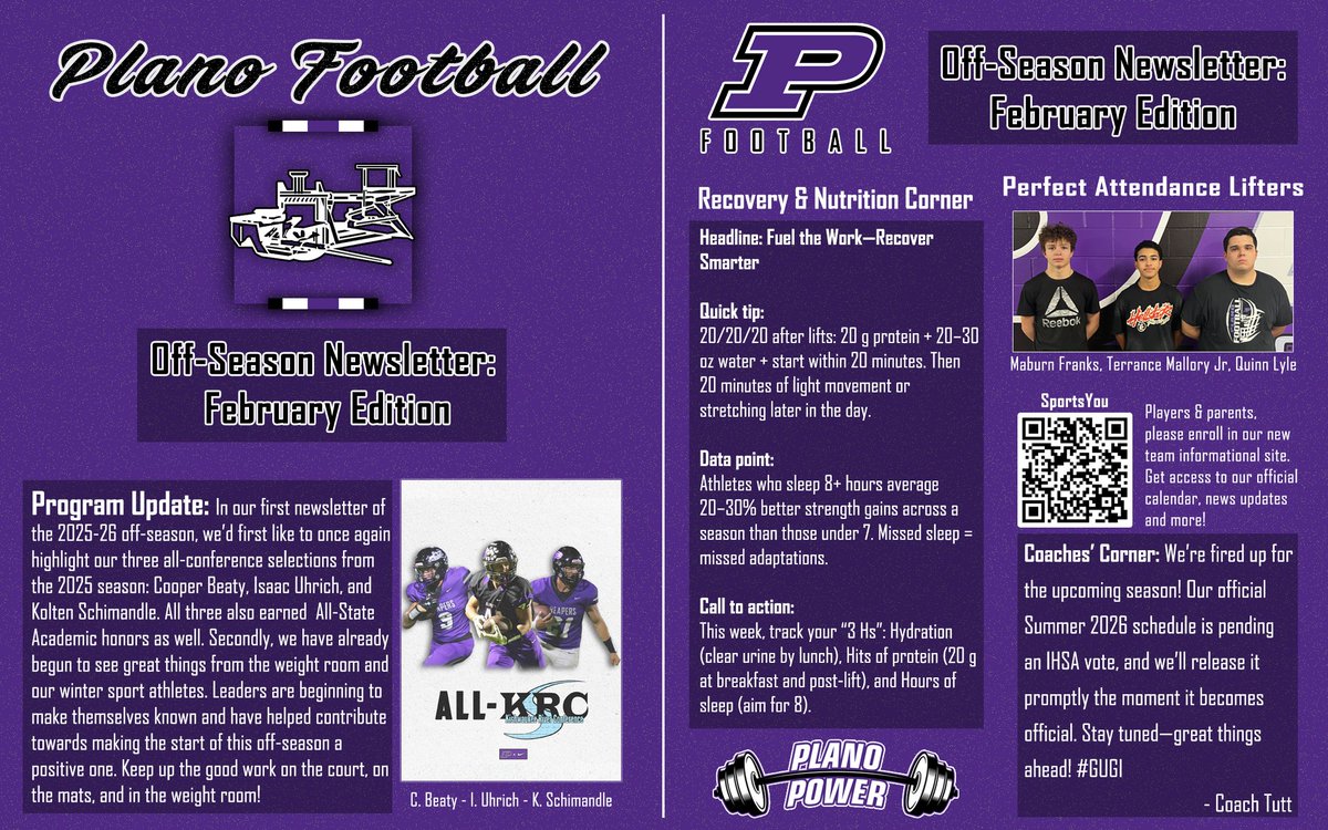 PlanoReaper's tweet photo. Reaper Family: we are continuing our off-season newsletter this year. Each month we will bring you updates on our student athletes progression & other important updates/information that we'd like to share with our players & parents. Here is our February 2026 edition! #GUGI 🟣⚪️ https://t.co/4yzH0D17zd