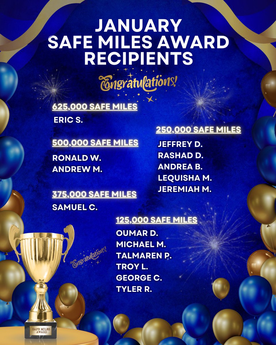 𝗝𝗮𝗻𝘂𝗮𝗿𝘆 𝗦𝗮𝗳𝗲 𝗠𝗶𝗹𝗲𝘀 𝗔𝘄𝗮𝗿𝗱 𝗥𝗲𝗰𝗶𝗽𝗶𝗲𝗻𝘁𝘀. These milestones reflect professionalism, attention to detail, and a commitment to safety — mile after mile. Congratulations, and thank you for keeping safety first. 🏆#bestofbarrnunn #SafetyFirst #SafeMiles