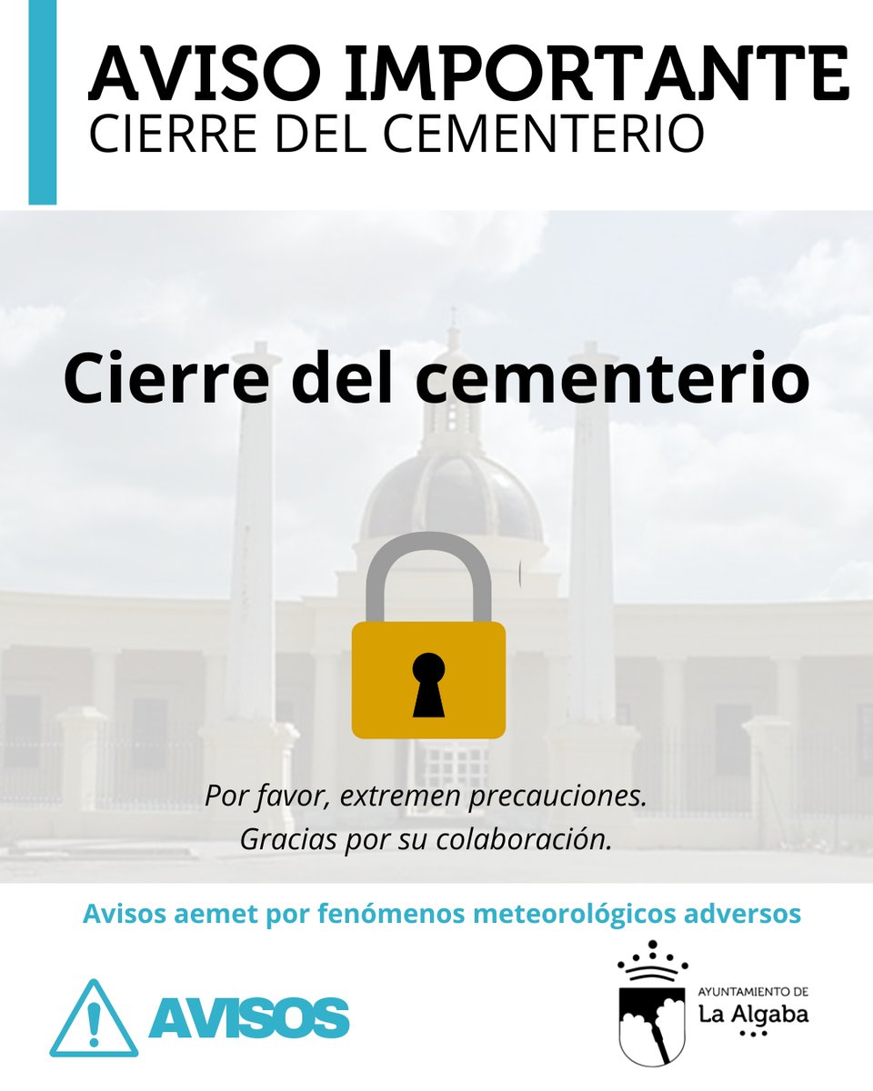 Ayto_algaba's tweet photo. ⚠️ Activado el Plan de Emergencias Municipal
Alerta // Nivel 1 
El Ayuntamiento de La Algaba ha activado el Plan de Emergencia Municipal ante la situación actual por fenómenos meteorológicos adversos y toma las siguientes medidas, que se suman a la anunciada por la Junta de Andalucía de la suspensión de la actividad presencial lectiva en Andalucía, excepto Almería:

❌Cierre de parques y zonas verdes
❌Cierre de todas las instalaciones deportivas y todas sus actividades
❌Cierre del cementerio
❌Suspensión de las actividades y talleres municipales 
✅Disposición de la plaza de toros como recinto para protección de animales

🎟️Las invitaciones para la Gala Infantil del Carnaval no se entregarán mañana 4 de febrero ni el jueves 5 de febrero. 
Se repartirán el viernes 6 de febrero, a partir de las 10.00 horas en la taquilla del auditorio municipal.

🎟️Los cambios en la venta de entradas para el Concurso de chirigotas y comparsas se anunciarán mañana por la mañana.

🎟️Las invitaciones para el Almuerzo homenaje a las personas mayores no se repartirán ni mañana 4 de febrero ni el jueves 5 de febrero.
Se repartirán, en el Ayuntamiento, el viernes 6 de febrero, desde las 9.00 horas.

🐴De igual modo, recordamos que está a disposición de la ciudadanía algabeña la Plaza de toros para salvaguardar a los animales.
📱607 807 996

🙏Rogamos a la población evitar desplazamientos innecesarios, no acudir a zonas de la ribera ni del río y extremar la precaución.

Se solicita seguir en todo momento los consejos de la Policía Local, así como prestar atención a los canales de comunicación institucional.

📞En caso de emergencia, llamar al 112 // Policía Local 637 906 366 // Servicios municipales 607 807 996 y 637 982 232

*Todos los servicios municipales están activados.