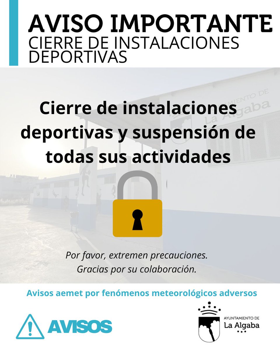 Ayto_algaba's tweet photo. ⚠️ Activado el Plan de Emergencias Municipal
Alerta // Nivel 1 
El Ayuntamiento de La Algaba ha activado el Plan de Emergencia Municipal ante la situación actual por fenómenos meteorológicos adversos y toma las siguientes medidas, que se suman a la anunciada por la Junta de Andalucía de la suspensión de la actividad presencial lectiva en Andalucía, excepto Almería:

❌Cierre de parques y zonas verdes
❌Cierre de todas las instalaciones deportivas y todas sus actividades
❌Cierre del cementerio
❌Suspensión de las actividades y talleres municipales 
✅Disposición de la plaza de toros como recinto para protección de animales

🎟️Las invitaciones para la Gala Infantil del Carnaval no se entregarán mañana 4 de febrero ni el jueves 5 de febrero. 
Se repartirán el viernes 6 de febrero, a partir de las 10.00 horas en la taquilla del auditorio municipal.

🎟️Los cambios en la venta de entradas para el Concurso de chirigotas y comparsas se anunciarán mañana por la mañana.

🎟️Las invitaciones para el Almuerzo homenaje a las personas mayores no se repartirán ni mañana 4 de febrero ni el jueves 5 de febrero.
Se repartirán, en el Ayuntamiento, el viernes 6 de febrero, desde las 9.00 horas.

🐴De igual modo, recordamos que está a disposición de la ciudadanía algabeña la Plaza de toros para salvaguardar a los animales.
📱607 807 996

🙏Rogamos a la población evitar desplazamientos innecesarios, no acudir a zonas de la ribera ni del río y extremar la precaución.

Se solicita seguir en todo momento los consejos de la Policía Local, así como prestar atención a los canales de comunicación institucional.

📞En caso de emergencia, llamar al 112 // Policía Local 637 906 366 // Servicios municipales 607 807 996 y 637 982 232

*Todos los servicios municipales están activados.