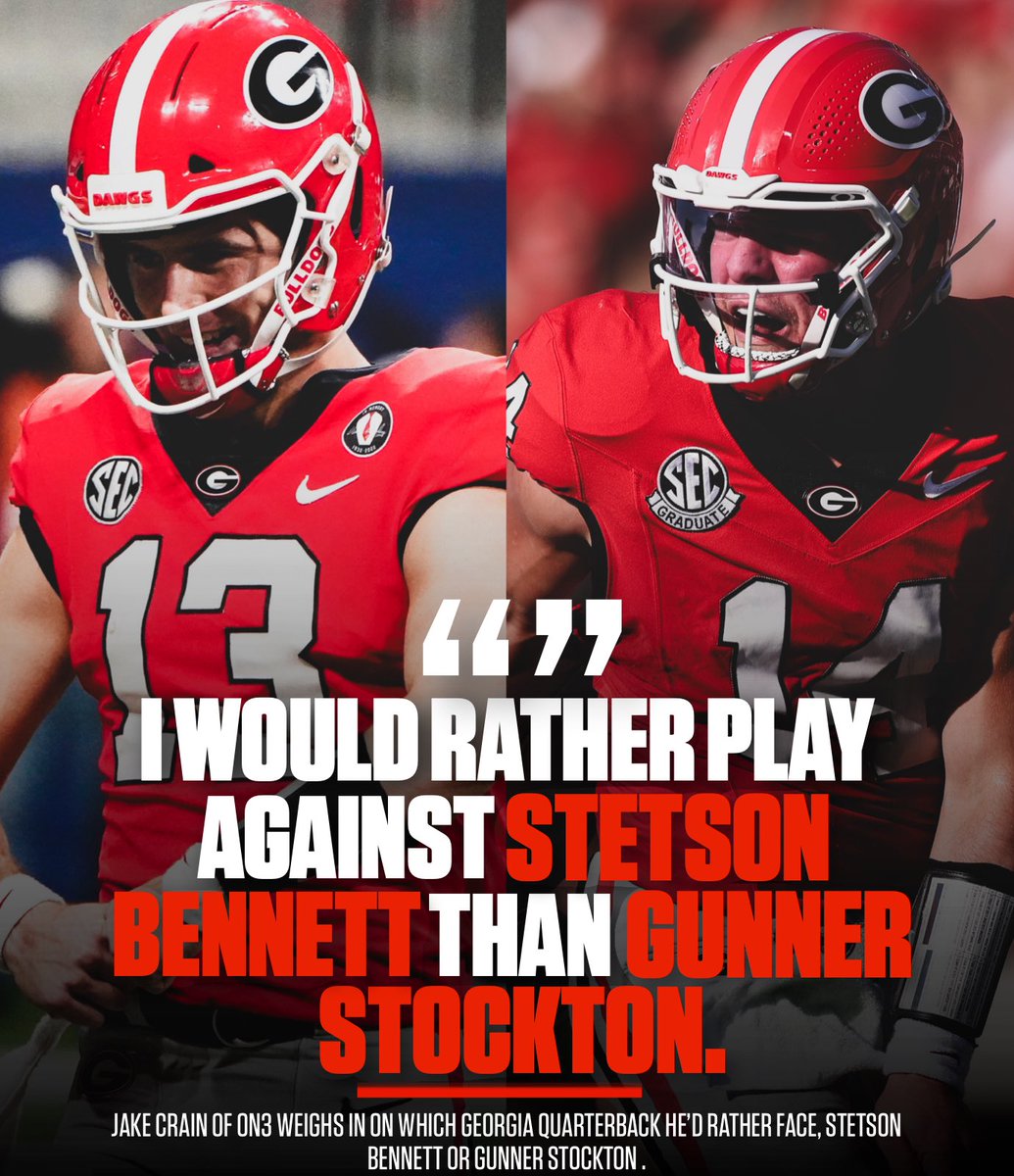 UGAfootballLive's tweet image. Jake Crain of ON3 said on his national show that he would rather play against Stetson Bennett than Gunner Stockton. 😳

Crain pointed to Bennett being surrounded by stacked teams, while also highlighting how dangerous Gunner Stockton is as a runner. 👀🔥

What do you think? Drop…
