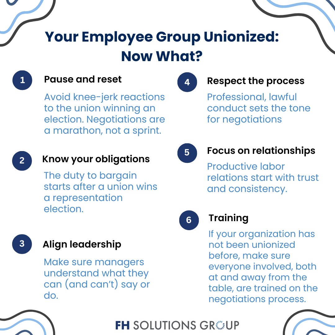 fhsg's tweet photo. A #union election is just the beginning, not the end. What management does next matters. As a #manager, handled correctly, a newly #unionized workforce doesn’t have to mean conflict, it can mean structure, clarity, and stability. 

Below are 6 key first steps: https://t.co/GEEqOPOO5E