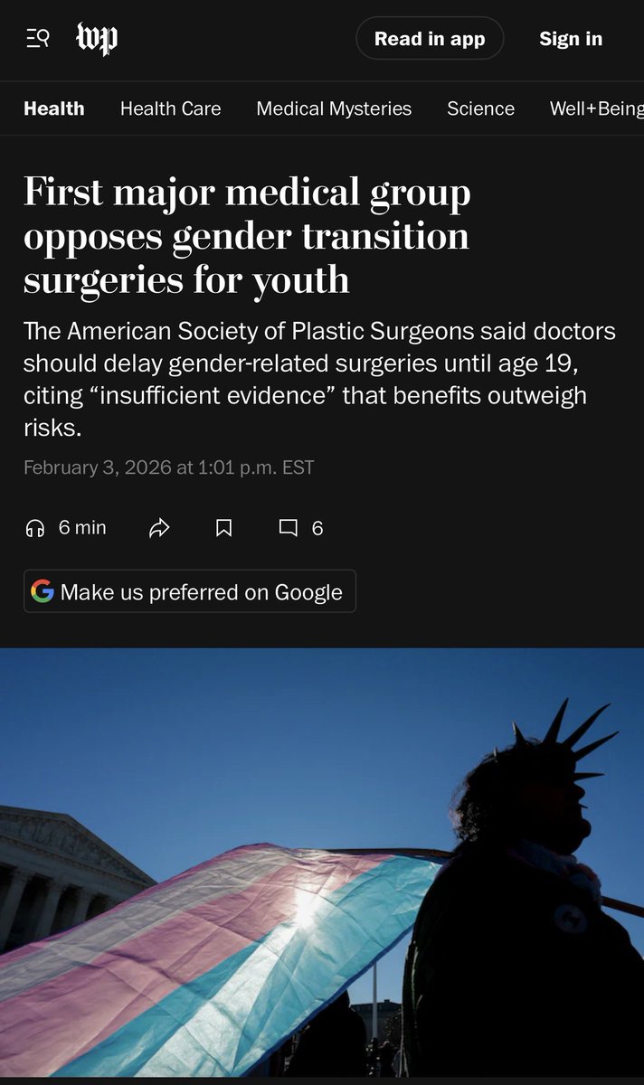 Huge news!

The American Society of Plastic Surgeons says doctors should delay gender-related surgeries until age 19, citing "insufficient evidence" that benefits outweigh risks.

Relying in part on the HHS report —Treatment for Pediatric Gender Dysphoria: Review of Evidence and