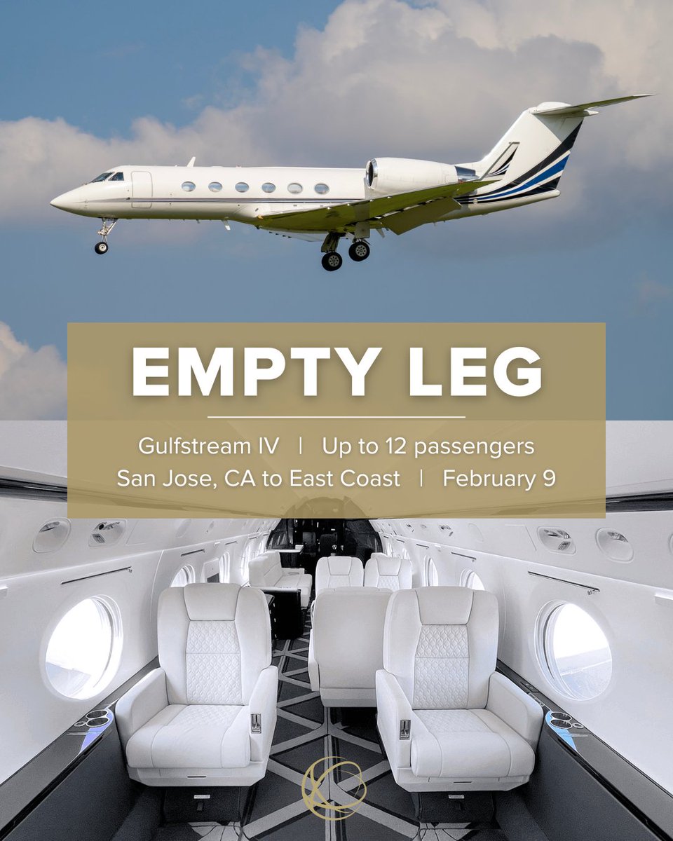 FlyACC's tweet image. Empty leg alert! Fly from San Jose, CA (SJC) to the East Coast on Monday, February 9, on a heavy jet with up to 12 seats.

Interested in learning more? Give us a call: +1 954.686.5220

#ACCAviation #PrivateJet #EmptyLeg #LuxuryTravel #BusinessJet