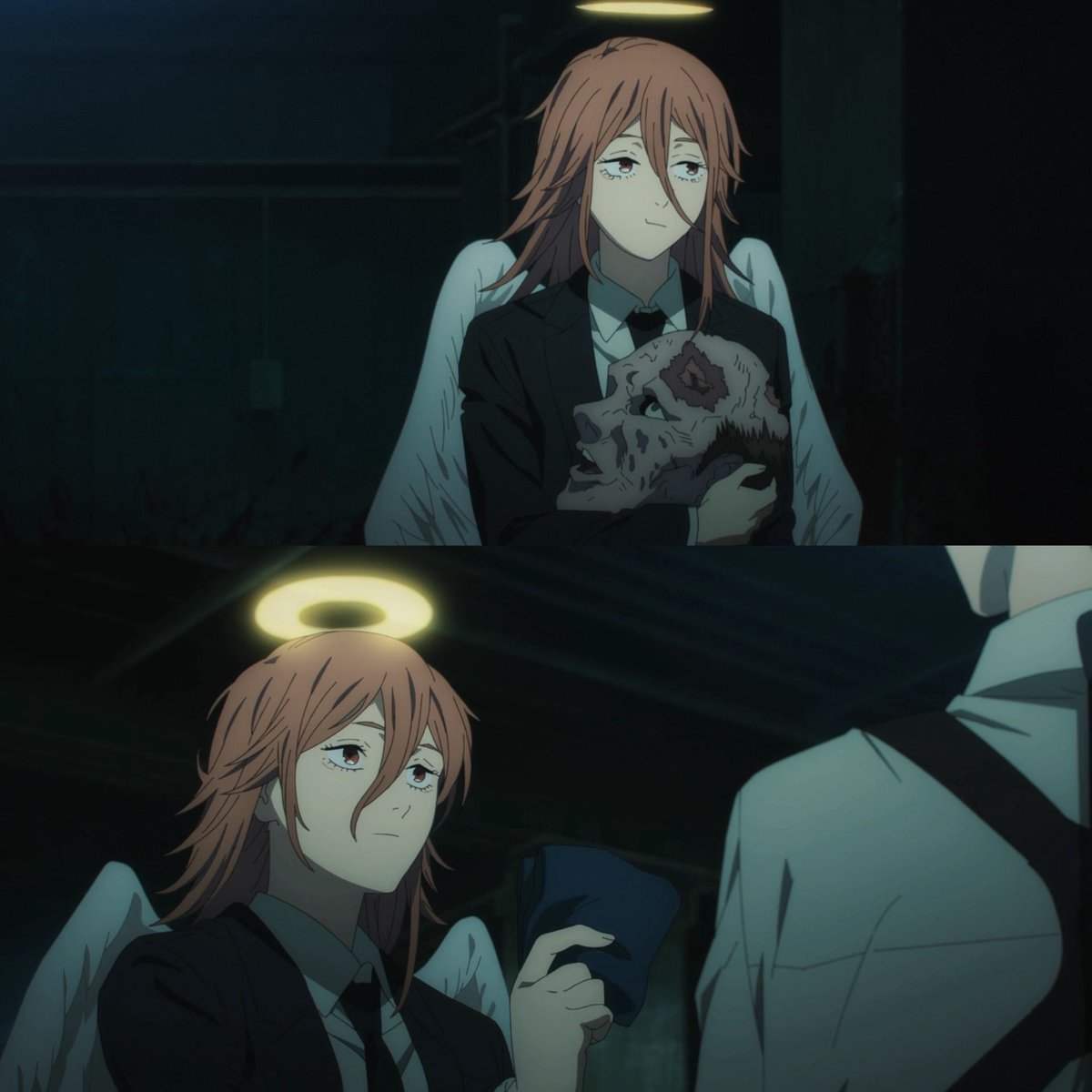 softboyaki's tweet photo. what kills me is how angel was lazying around snacking, but when aki showed up suddenly he does his job. down bad https://t.co/y3bZMuXDtl