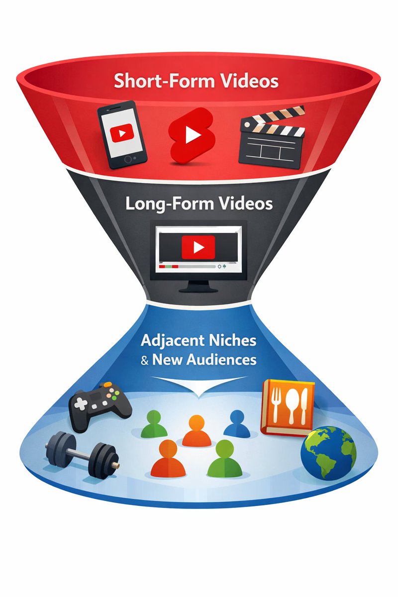 vidIQ's tweet image. The YouTube funnel has changed

It used to be: pick a niche → grind long-form → slowly grow

Now it's an hourglass:
Use Shorts to pull people in
Simple A→B long-form videos build loyal fans
Adjacent niches expand your ceiling

The new way to grow on YouTube: compress, then…