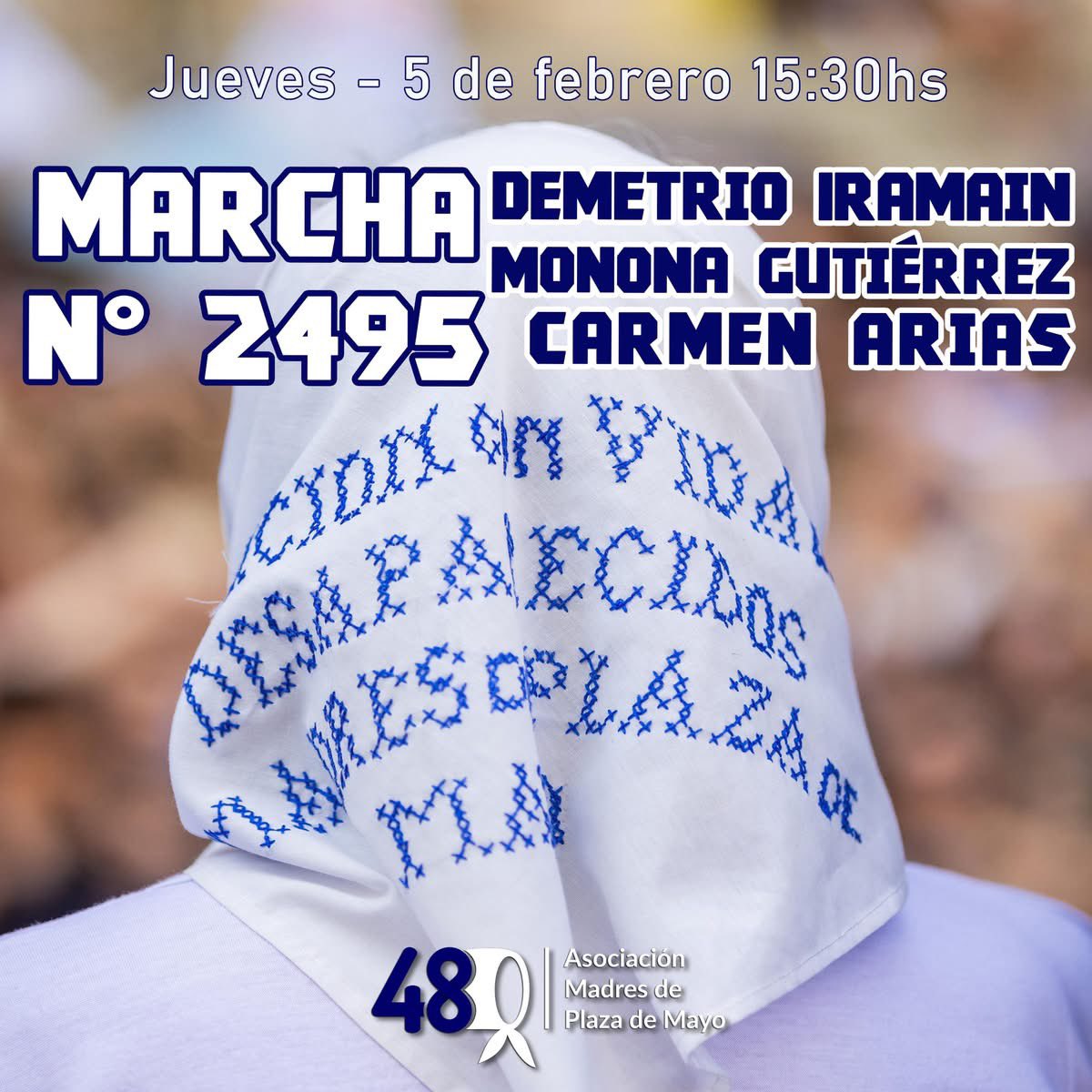🗓️ Este Jueves 5 de febrero junto a <a href="/PrensaMadres/">Prensa Madres</a> 🫂🩵🥼

📣 Además, el cierre de las Madres de Plaza de Mayo Carmen Arias y “Pina” de Fiore.

"Que no haya ninguno
Que quede en la casa
Que se vengan todos
A cubrir la plaza"

¡Ni un paso atrás! 🗣️
