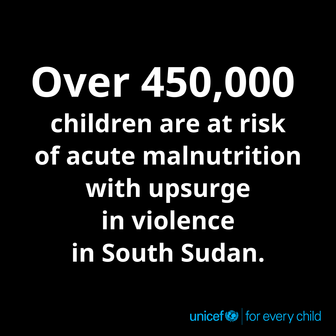 Hostilities are causing mass displacement and halting of critical health and nutrition services in Jonglei state, South Sudan.

The violence must end and safe humanitarian access must be granted.

Details on UNICEF’s response: unicef.link/46jGQNv