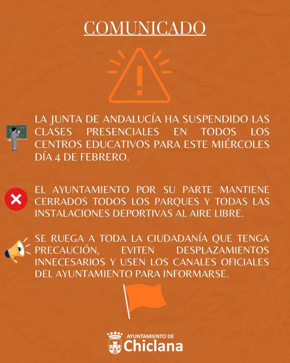 chiclana's tweet photo. "Medidas adoptadas por la Junta de Andalucía y el Ayuntamiento de Chiclana como consecuencia de la alerta naranja prevista a partir de las 22.00 horas.

Rogamos tengan precaución en sus desplazamientos." https://t.co/hXqJiPuZ2H