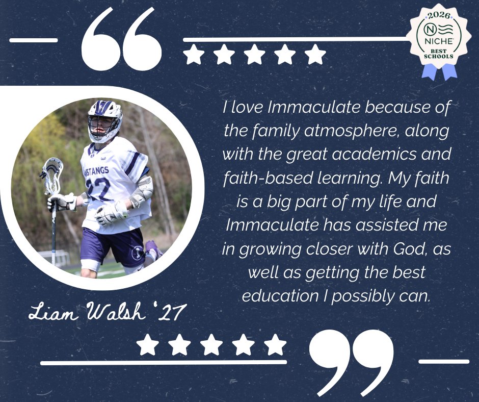 Ihsmustangs's tweet image. For Liam, Immaculate’s close-knit community and faith-centered learning made all the difference. Visit our campus to see how it could be the right fit for your student, too. #IHSAdmissions #EmpowerYourFuture #Community #MustangPride #CollegePrep #IHSSpiritualLife