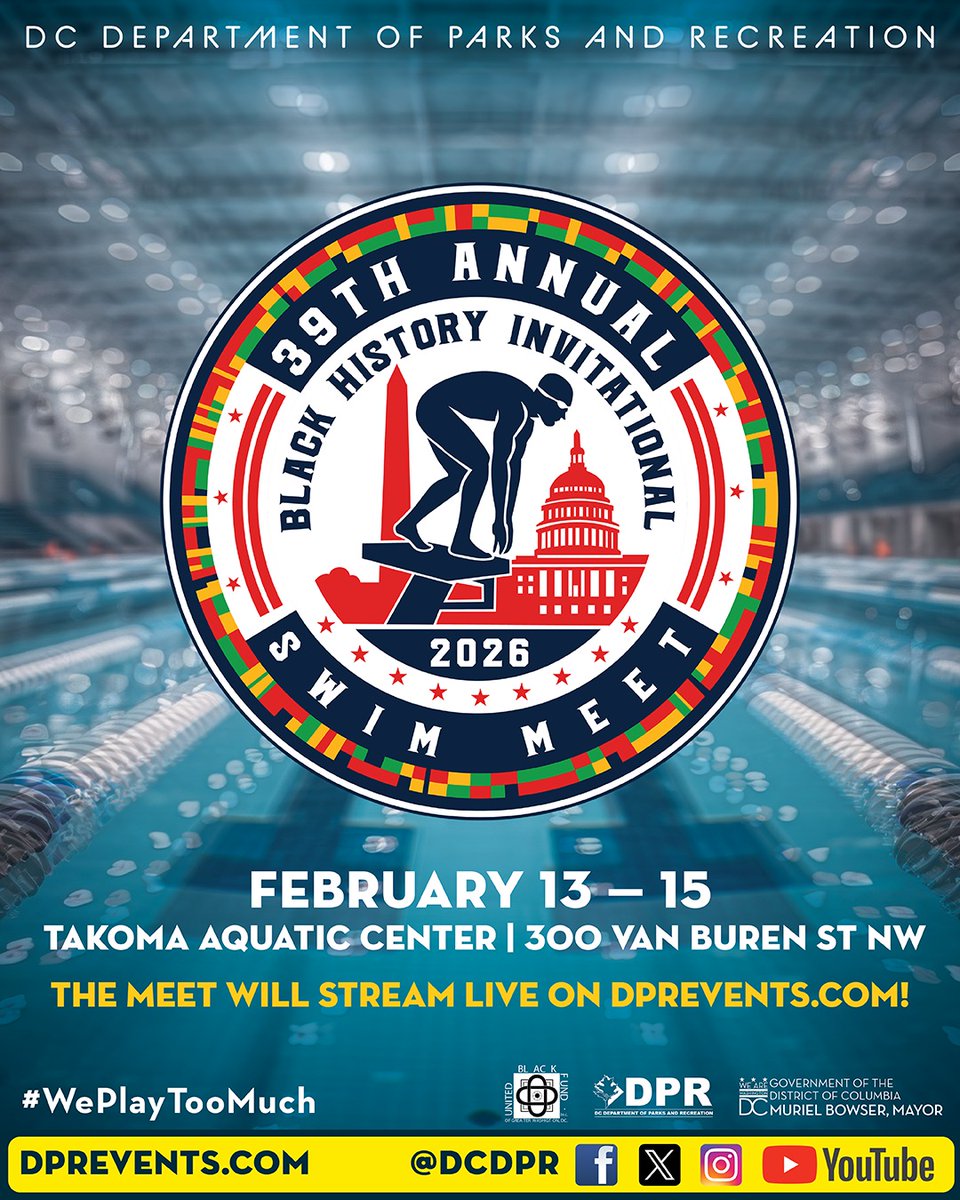 We're just 10 days away from the 39th Annual Black History Invitational Swim Meet. 🏊🏾

One of our favorite <a href="/DCDPR/">DC Parks & Recreation #WhereFunHappens</a> traditions—this event is a great way to celebrate Black History Month, cheer on 1100+ athletes, and come together as a community.

Learn more: DPREvents.com