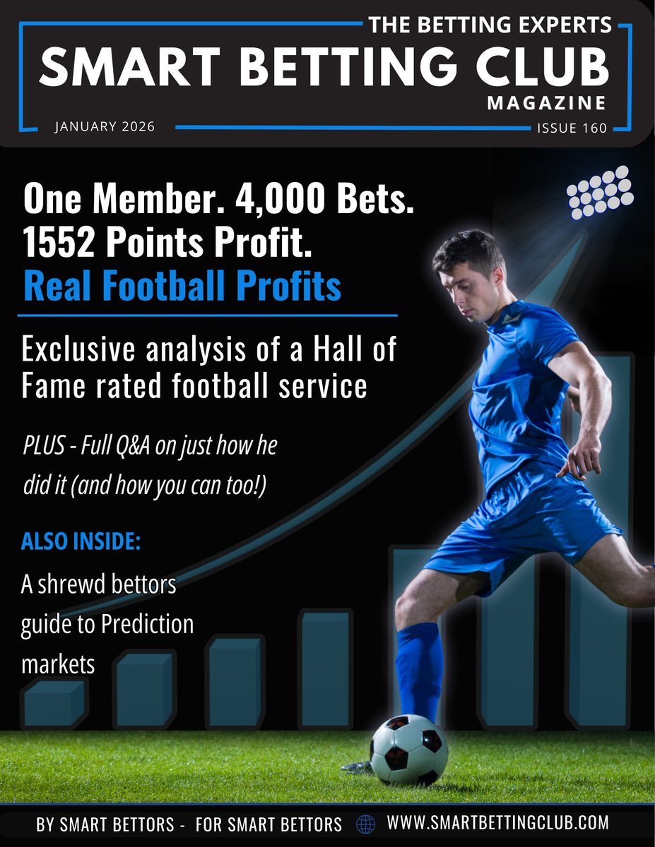 Issue 160 of Smart Betting Club Magazine is out now!

This one is built for serious football bettors who care about real data, real bets, and repeatable profit.

The headline feature breaks down a Hall of Fame football service proven over 4,000 real bets &amp; making 1,552 points