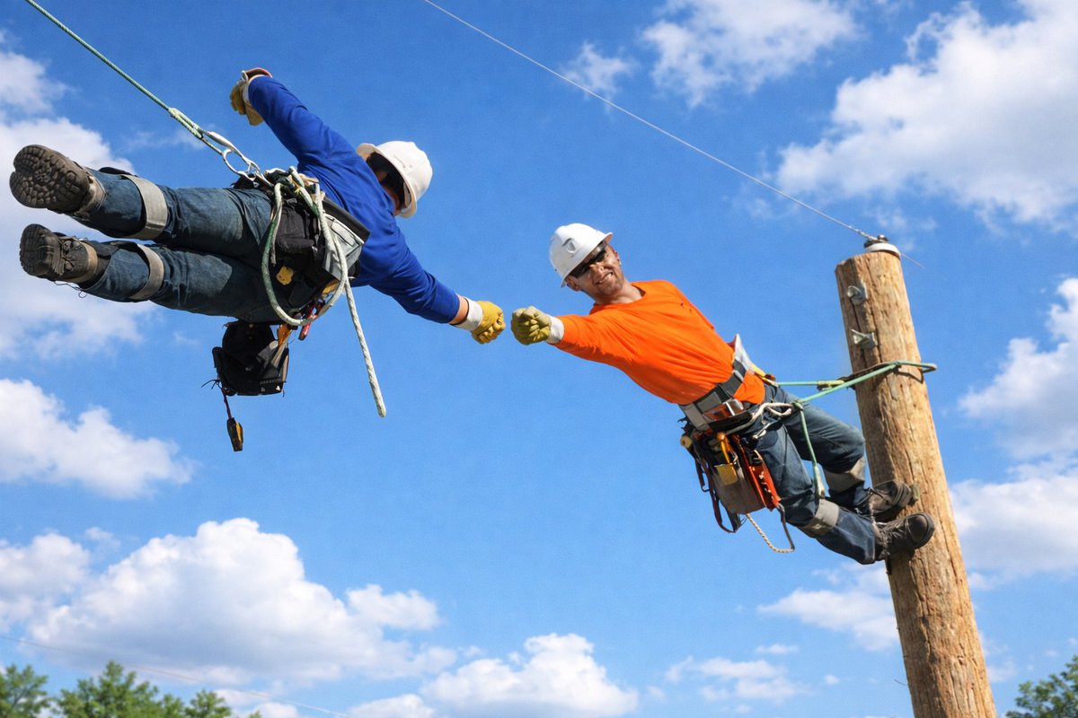 wsepulls's tweet photo. That mid‑air celebration when every step hits right — the equipment and gear, the know‑how, and the teamwork! #linemanlife #powerlineman #crewstrong https://t.co/glxkWtPFLZ