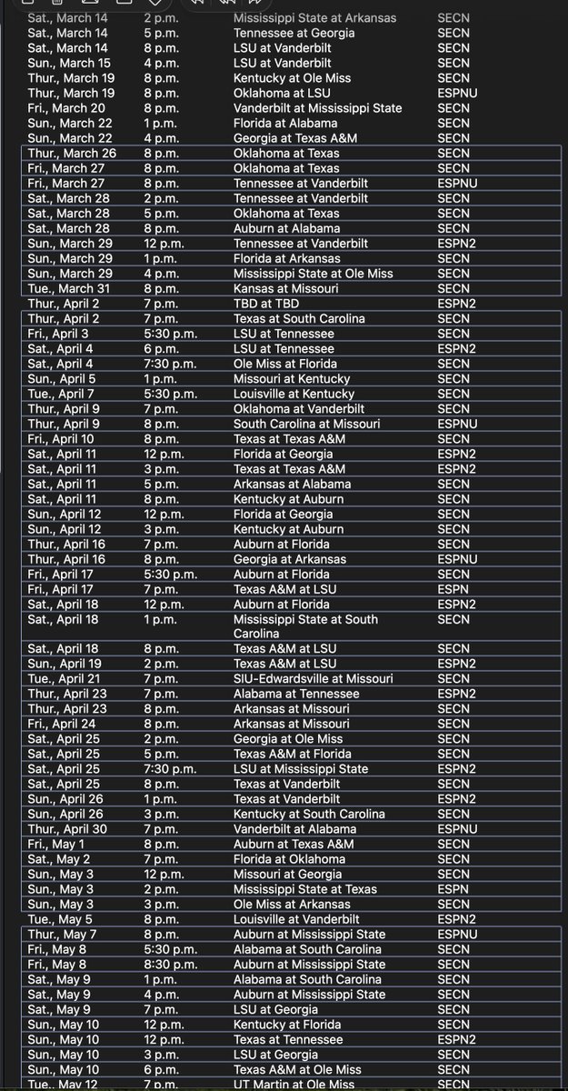 KendallRogers's tweet image. ESPN, today, announced its 90-game #SEC Baseball schedule. Here's the full schedule attached. I'm assuming the #Big12 #ACC, etc, will follow suit with schedules soon.