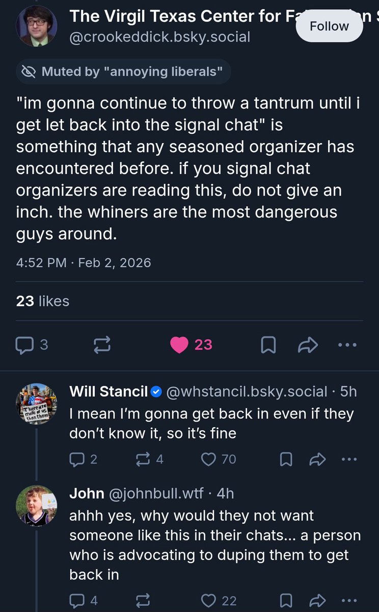 muddaub's tweet image. will stancil has been booted from the rapid response signal chat for endangering his fellow protesters and disregarding safety precautions. 
instead of apologizing, he is openly plotting to trick organizers into letting him back in.
is this your “hero”?