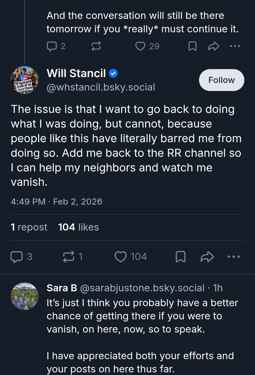 muddaub's tweet image. will stancil has been booted from the rapid response signal chat for endangering his fellow protesters and disregarding safety precautions. 
instead of apologizing, he is openly plotting to trick organizers into letting him back in.
is this your “hero”?