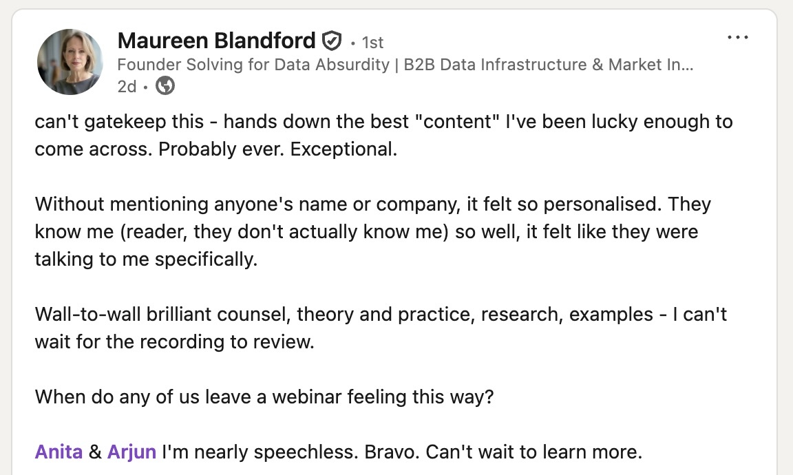 RocksaltAI's tweet photo. Thank you for attending our webinar session on Reddit for LLM visibility and for this testimonial. So glad you found the hour useful.
For those of you who were not there, here's the recording: https://t.co/Kkzeaf3bkn
#reddit https://t.co/REWx4uQunD