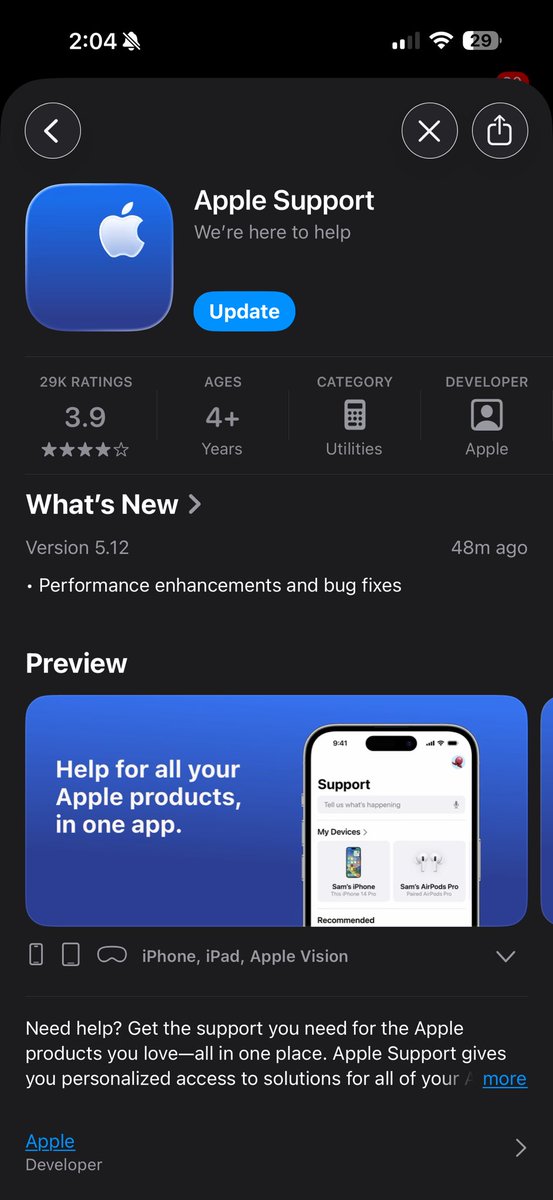 iDeviceHelpus's tweet image. Apple Today released a new update for the Apple Support app which improves support for their Support Assistant AI chatbot.