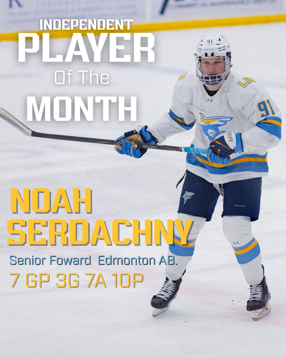 Sharks Senior Noah Serdachny has been named NCAA Division 1 Independent Player of the Month for January!

In January, Serdachny has racked up a total of 10 points with 3 goals and 7 assists throughout 7 games.

#ncaahockey #collegehockey #d1hockey #longislanduniversity #FinsUp