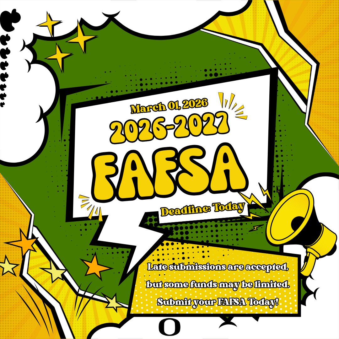 UOregonFinAid's tweet image. 🟢🦆 Today’s the day, Ducks and future Ducks! It’s the priority deadline to submit your 2026–2027 FAFSA.⏰ Don’t wait—submit now to maximize your financial aid opportunities. Need help? Our office is ready to assist! 💻📚 #uoregon #OSFAS #FAFSA #prioritydeadline