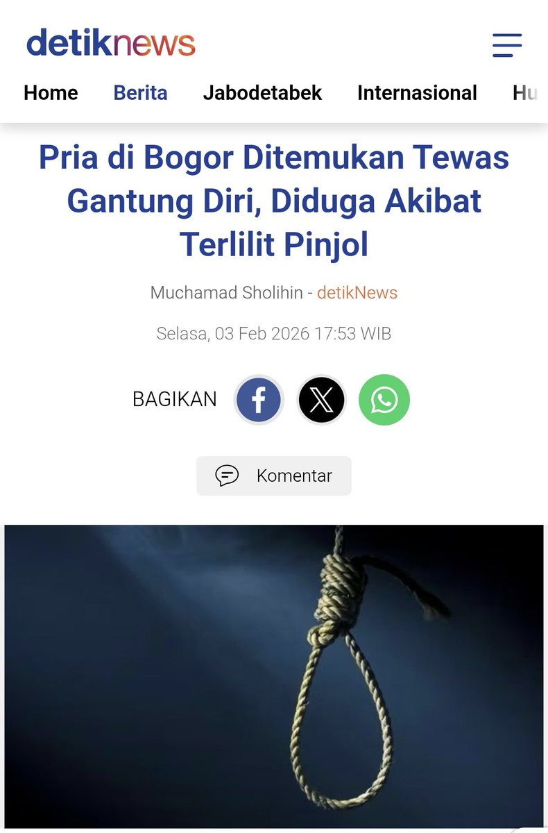 Satu orang lagi bundir di Bogor karena Pinjol. Innalillahi..

​Pinjol itu legalitasnya cuma bungkus, isinya teror dan maut. Negara diam, pengguna bungkam mati secara senyap! Stop kasih ruang buat bisnis yang makan nyawa orang!