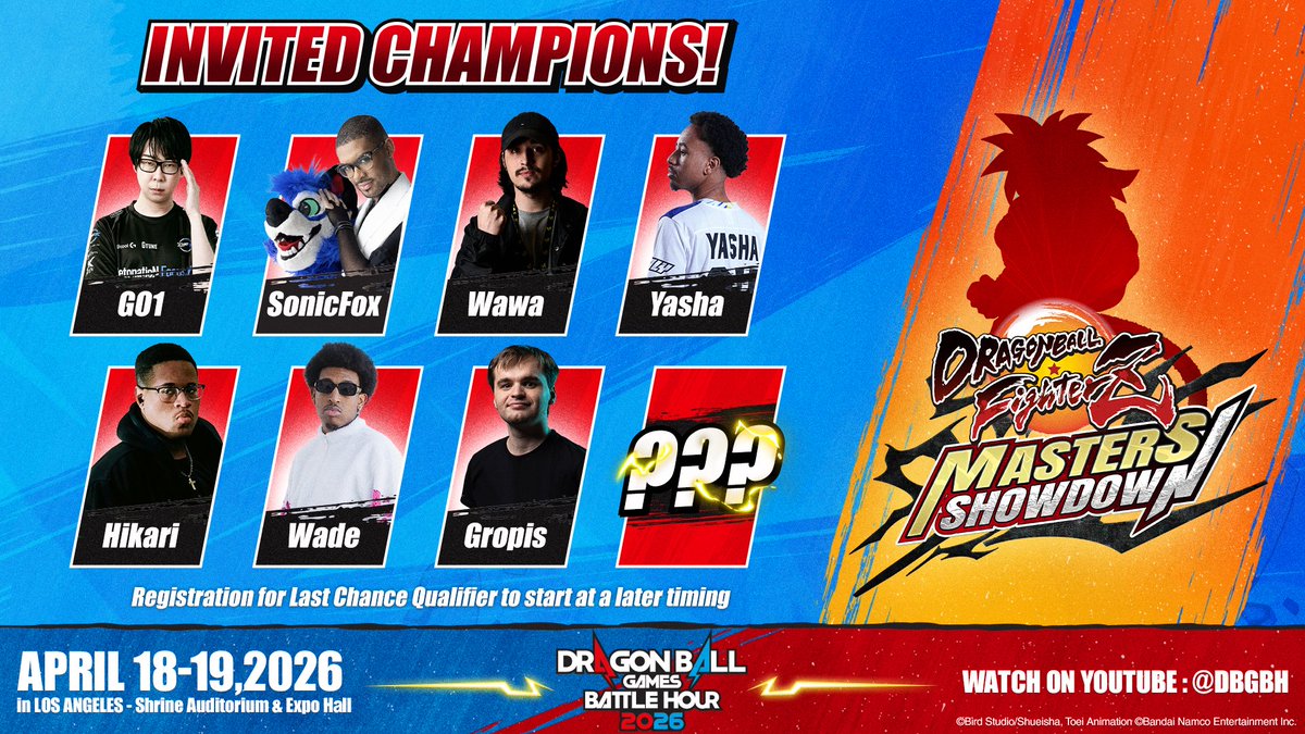 Legendary players and the future Last Chance Qualifier champion will clash at the DRAGON BALL FighterZ Masters Showdown 🤜💥🤛

Who will become the Strongest of All Time? Find out at Dragon Ball Games Battle Hour 2026, April 18–19, in Los Angeles: dbgbh.bn-ent.net

#DBFZ