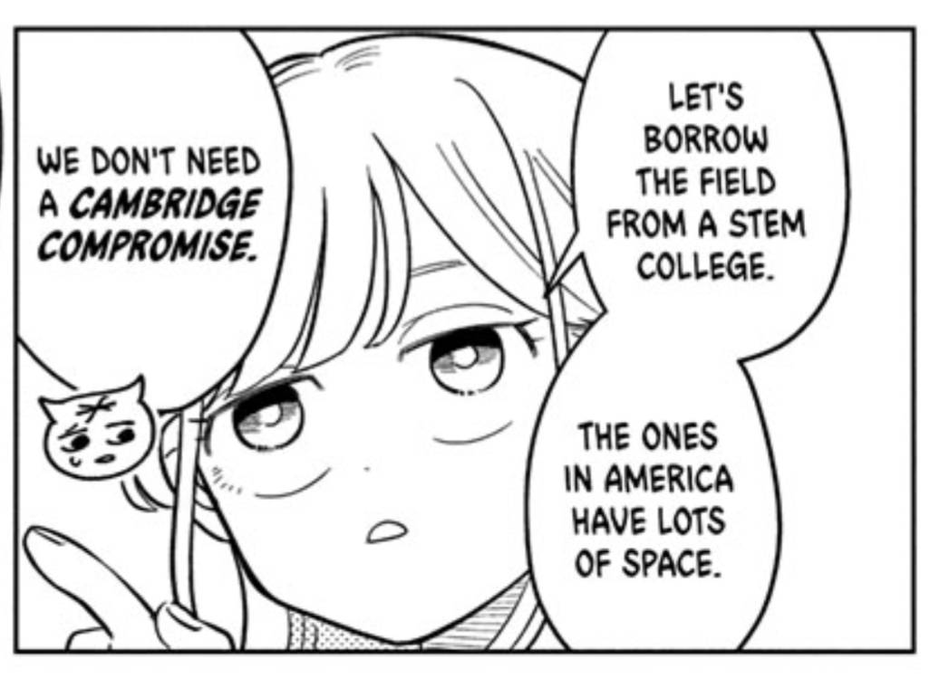 The original was マサチューセッチュー案 (masachuusecchu-an/Massachuan) which played off Mimei's hope for a 折衷案 (secchuan/compromise proposal.) Instead of Massachusetts itself, we have "Cambridge" (city where the colleges are housed) along with some cheeky alliteration.