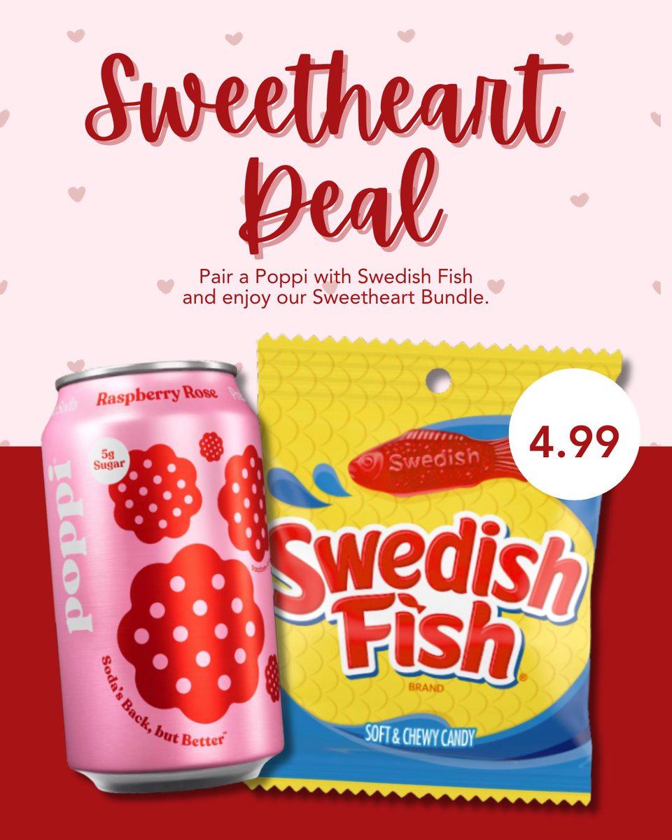 Sweeten your February with our Sweetheart Bundle. 🥤🍬

Grab a Poppi and Swedish Fish for the perfect treat all month long.

Sweet, simple, and only here for a limited time.