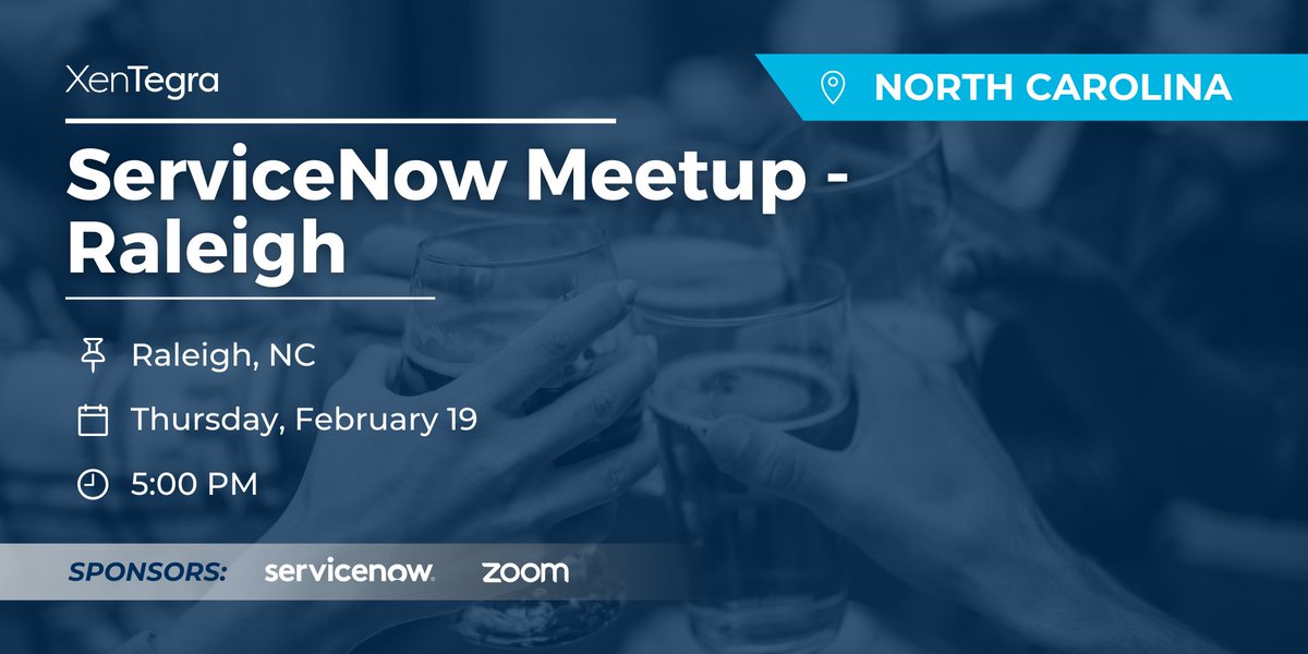 Raleigh-area ServiceNow admins and users 👋

Join us Feb 19 for a casual, in-person community meetup. No slides. No agenda. Just real conversations with peers and the ServiceNow, Zoom, and XenTegra teams.

 🔗 events.xentegra.com/260219-snow-me…

 #XenTegraNC