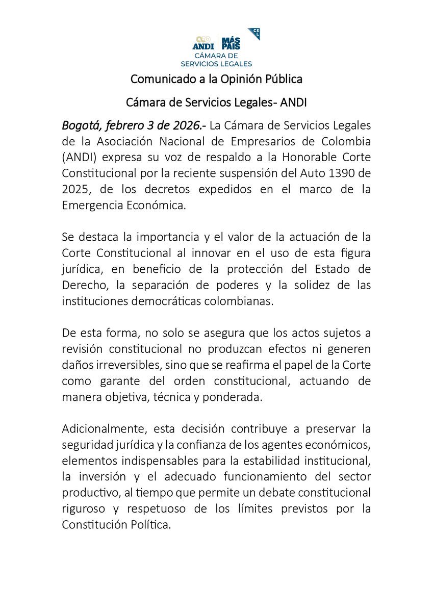 ANDI_Colombia's tweet photo. La @LegalesANDI expresa su voz de respaldo a la Honorable Corte Constitucional por la reciente suspensión del Auto 1390 de 2025, de los decretos expedidos en el marco de la Emergencia Económica.
🔗: https://t.co/O48n7FEhua
#MásPaísANDI https://t.co/YqIfn3gkvn