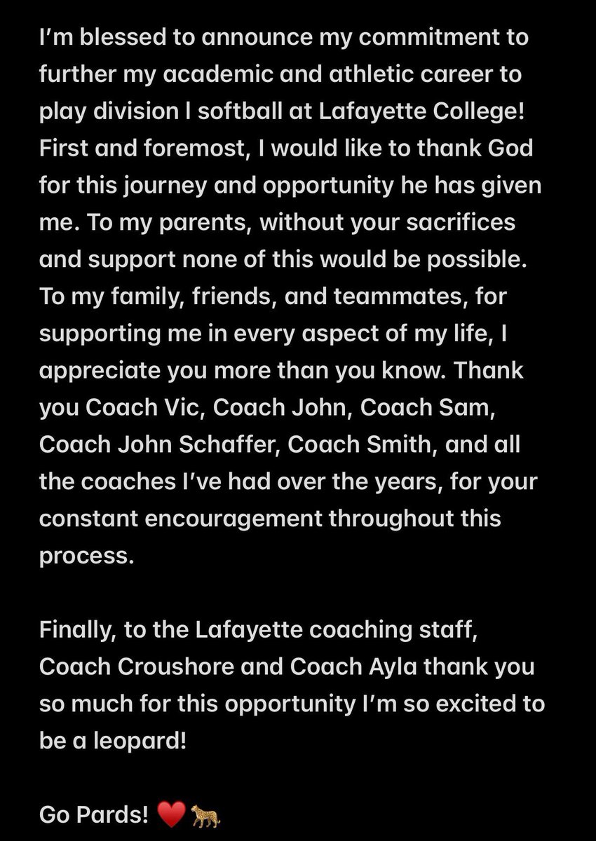 So blessed and grateful to announce my verbal commitment to Lafayette College to continue my academic and athletic career !  Thank you <a href="/KellinerC/">Kelliner Croushore</a> <a href="/bellaayala14/">Bella Ayala</a> <a href="/Lafayette_SB/">Lafayette Softball 🥎</a> for the opportunity I can’t wait ! <a href="/NJCheetahsGonz/">NJ Cheetahs- Gonzalez</a> <a href="/coachsmith16/">MiddSouth Softball</a> <a href="/GoldLevelSB/">John Schaffer</a>