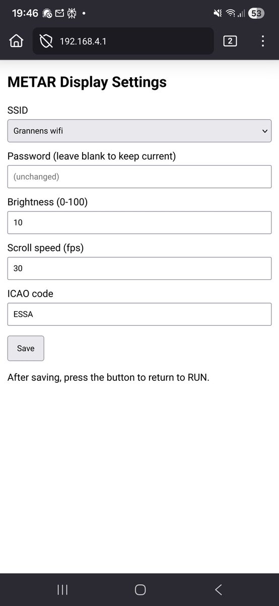 jeppig's tweet photo. METAR display now has a "SET" mode that lets you change settings from your phone without flashing firmware. https://t.co/F44kx42pU2