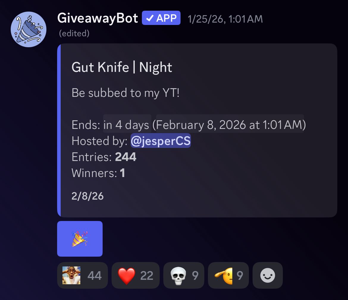 🎁GUT KNIFE NIGHT GIVEAWAY IN MY DISCORD 🎁

Ends in 4 days!!

Join up and enter:
discord.gg/DRqudfx2Nw