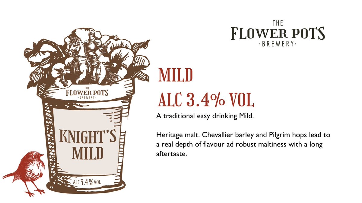 FlowerPotsBrew's tweet photo. It's Mild Time.  Why Knight’s? Well, we used a Heritage Malt called Chevallier (there is the link, albeit with two l’s!), once the predominant barley variety in Victorian England, giving it a real depth of flavour and robust maltiness with a long aftertaste. https://t.co/BH0xPrRted