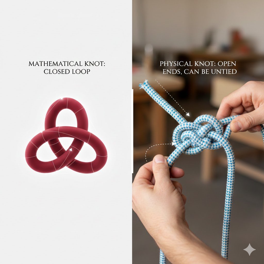 azogueray's tweet photo. #ShortsofMaths
Los nudos que usamos a diario, como el nudo de una corbata o de cordón de zapato, tienen extremos. Técnicamente, cualquier nudo en una cuerda con extremos libres se puede deshacer matemáticamente "tirando de un lado", por lo que en topología esos no serían nudos. https://t.co/31jdY8c564