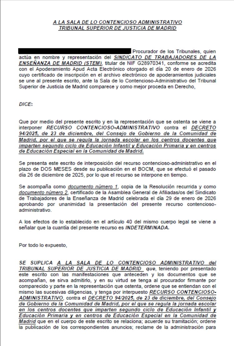 ⚖️ STEM presenta recurso contencioso-administrativo ante el TSJM contra del Decreto de Jornada escolar

⚠️ Recomendamos PRUDENCIA a los centros por los problemas organizativos que podrían surgir en caso de que el decreto se anule

🌐 Ver en web de STEM:

stemstes.org/stem-recurre-e…
