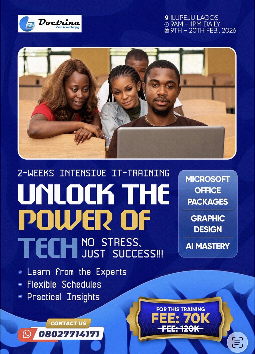 ingentestech1's tweet photo. Do you want to learn technology but don’t know where to start? This Beginner Tech Training is for business owners, 9-5ers and anyone new to tech.
📅 Date: 9th – 20th February
⏰ Time: 9am – 1pm (Daily)
🛠️ 100% Practical Training
📞 For enquiries WhatsApp: 08027714171
@FemiJACOBS https://t.co/fcc3jsTrFA
