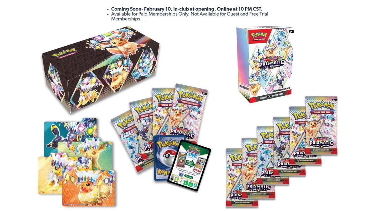 Prismatic Evolutions Surprise Box + Booster Bundle Drops at Sam's Club on February 10 at 8PM PT / 11PM ET! ✨

Early Link (Add To List): 
➡️buff.ly/WXf5XST

Required Membership
Plus: buff.ly/Ni96xUR
Club: buff.ly/WXihtT0

Drops in-store February 10 at