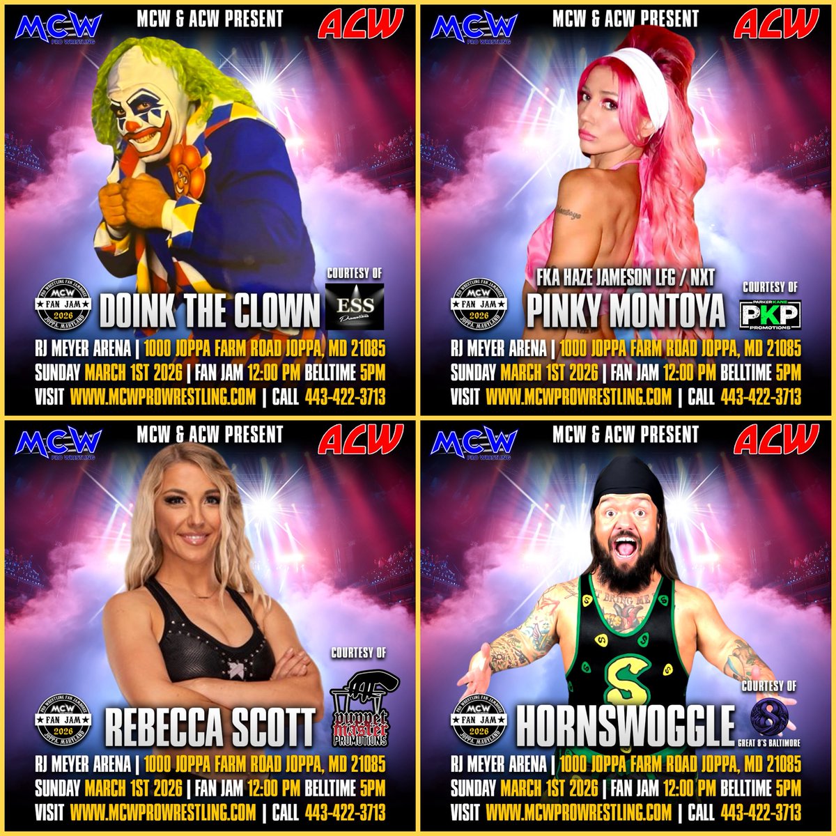 Coming to #FanJam5 on Sunday March 1st in Joppa, #Maryland 🌟

• Former #NXT Star Haze Jameson aka Pinky Montoya
• Former #WWE Superstar @WWEHornswoggle
• Former #WWF Superstar Doink The Clown
• Independent Star @RebeccaJScott_

Head to MCWFanJam.com for additional