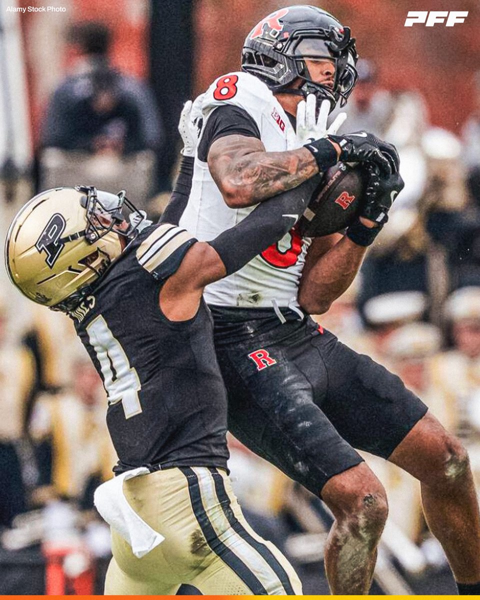 PFF_College's tweet photo. FBS Leader in Contested Catches from the 2025 Season:

🔴 KJ Duff, Rutgers: 22

@RFootball https://t.co/DfuqjqRM5w