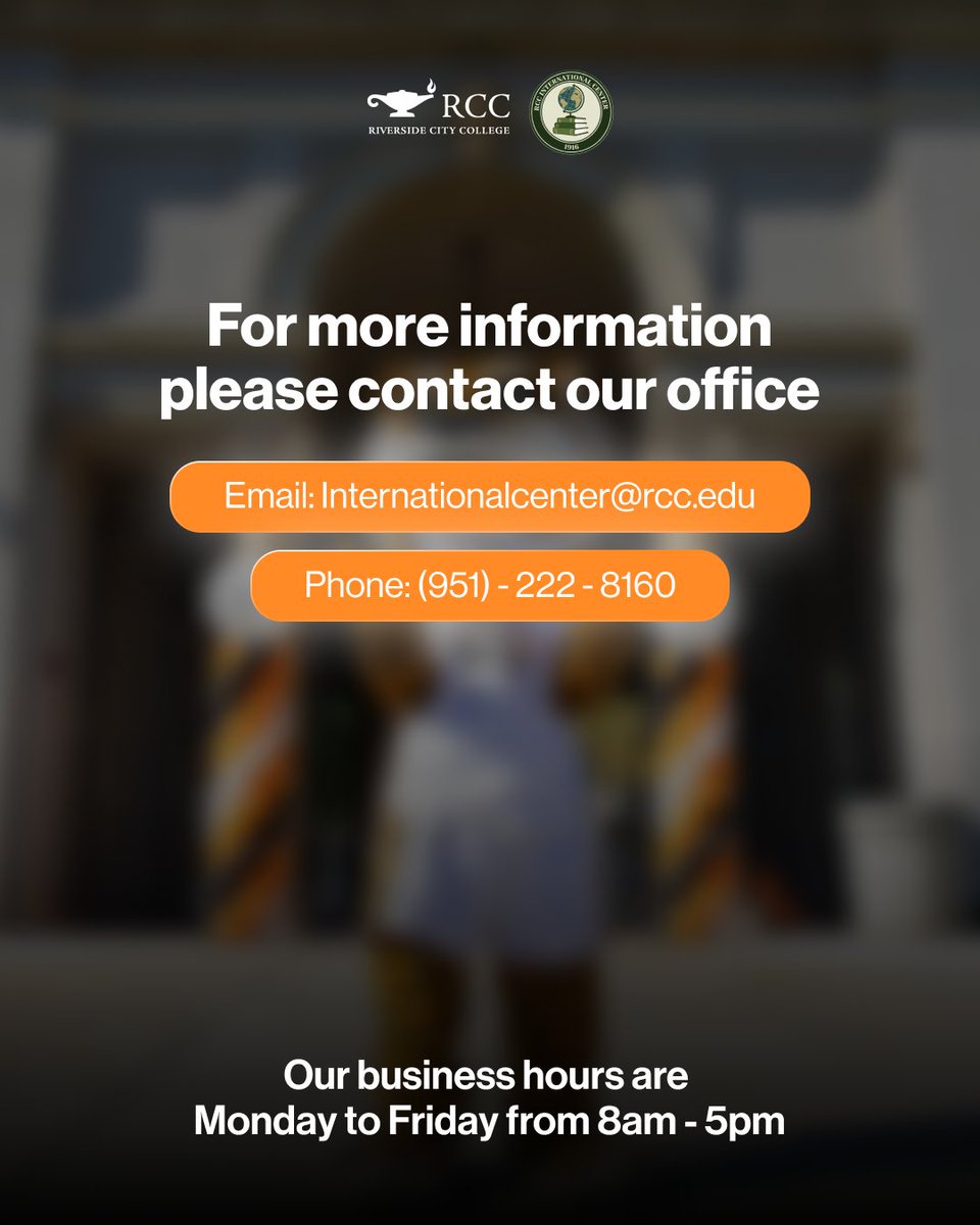 🐯 Welcome to the Tiger Family!

We’re excited to welcome all new and transfer students to Riverside City College 🧡

📍 Need help or have questions?

📧 Email: internationalcenter@rcc.edu
📞 Phone: (951) 222-8160
🕗 Office hours: Monday–Friday | 8:00 AM – 5:00 PM